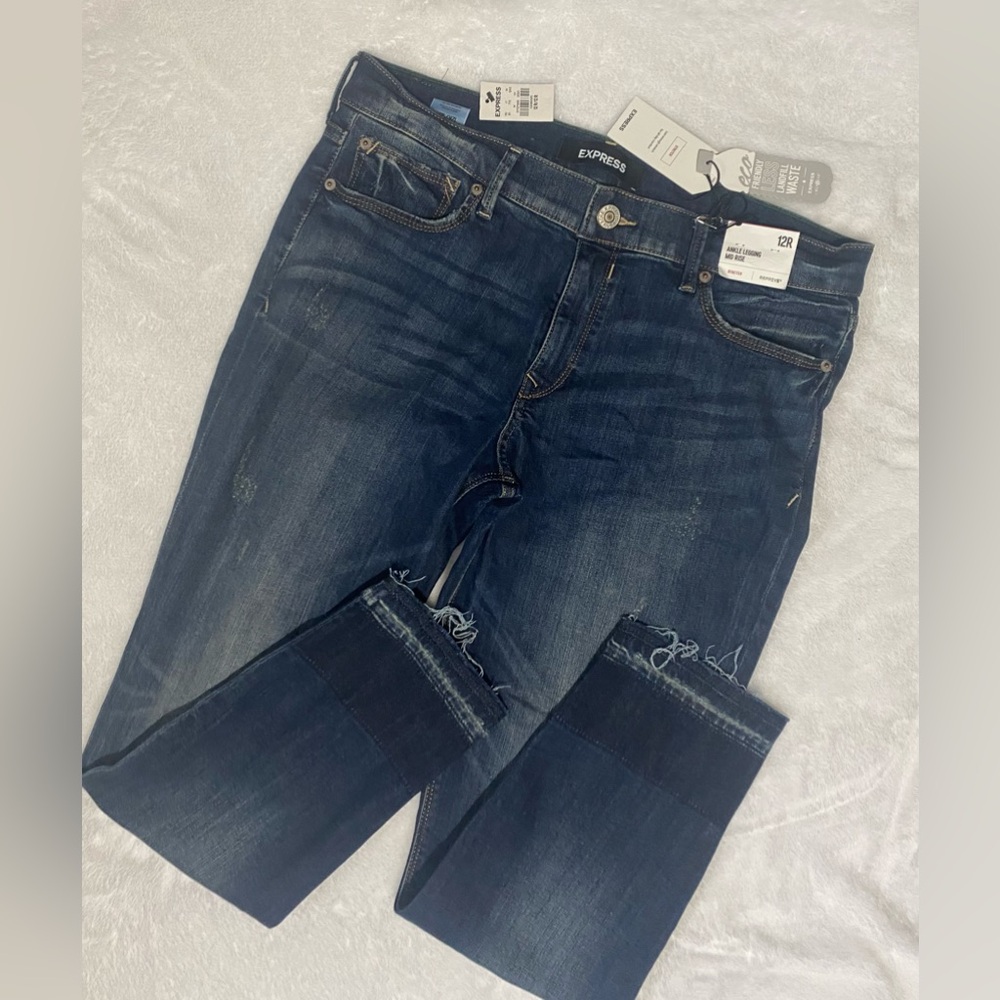 Express Mid-Rise Ankle Legging Stretch Jeans Dark Wash Fray Hem 12R